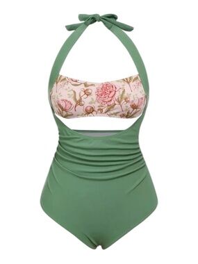 Retro Stage 1930s Peony Floral Green Halter Swimsuit Pinup Rockabilly Small NWT